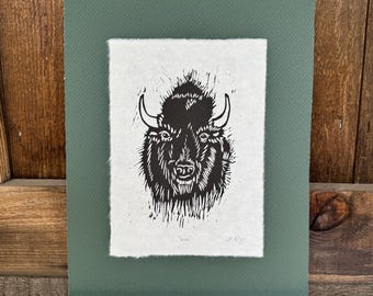 Bisontryck, Buffellinoleumsnitt, Linoleumblocktryck, Relieftryck, Litet konsttryck, Westernkonst, (13x18 cm), Handgjort konsttryck