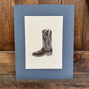 Yeehaw, Cowboy Boot Linocut, Linoleum Block Print, Relief Print, Small Art Print, Western Art, (5&quot;x7&quot;), Handmade Art Print