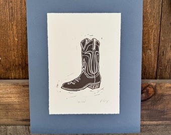 Yeehaw, Cowboystövel linoleumsnitt, linoleumblocktryck, relieftryck, litet konsttryck, västerländsk konst, (13x18 cm), handgjort konsttryck