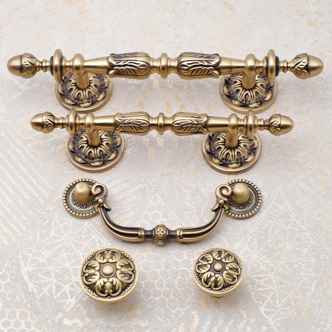 Ornate Antique Brass Cabinet Pulls, Soild Brass Dresser Knobs and Pulls ...