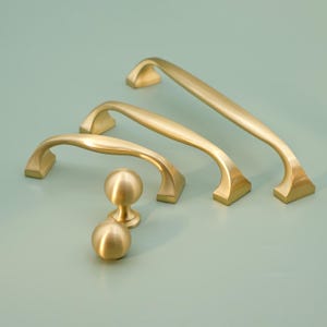 Forged Curved Brass Pulls: Brushed Gold Handles, Kitchen Cabinet Hardware