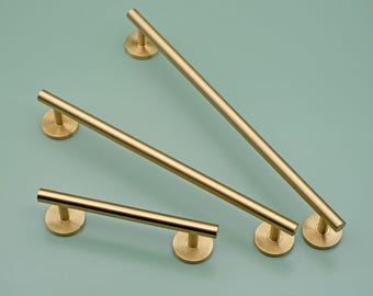 Brushed Brass Cabinet Pull | Modern Stepped Base, Solid Brass Handle