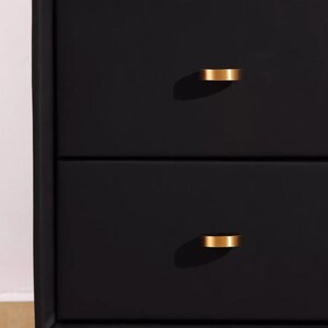 Pu&ograve; includere: Comodino nero a due cassetti con maniglie dei cassetti in metallo dorato. Il comodino ha un design semplice e moderno.
