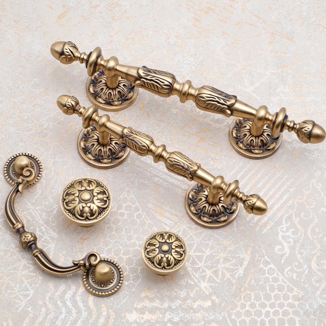 Ornate Antique Brass Cabinet Pulls, Soild Brass Dresser Knobs and Pulls ...