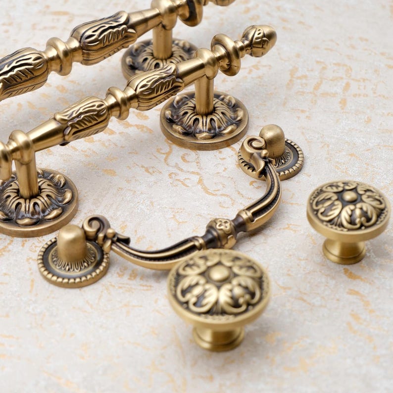 Ornate Antique Brass Cabinet Pulls, Soild Brass Dresser Knobs and Pulls ...