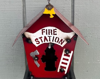 Metal Fire Station Hanging Birdhouse | Yard Metal Art | Garden Colorful Handmade | Yard Art Garden Decor | Artisan Made Landscape Sculpture