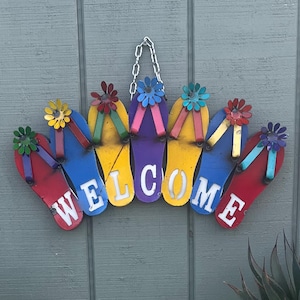 Metal Welcome Chancla Sign: Multicolor Patio Garden Art