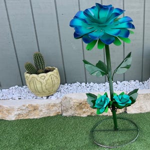 Handmade Metal Blue Flower Garden Decor, Large Outdoor Floral Sculpture, Rustic Yard Art, Farmhouse Lawn Ornament, Unique Gift for Gardeners