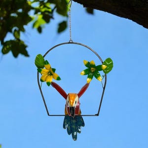 Metal Parrot Garden Decor: Tropical Hanging Bird with Flowers