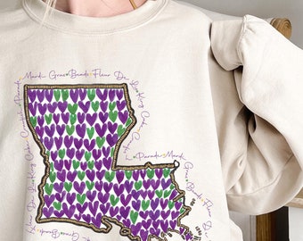 Louisiana Map Sweatshirt, Mardi Gras Shirt, Mardi Gras Festival, Mardi Gras Celebration Shirt, New Orleans Shirt, Fat Tuesday Shirt