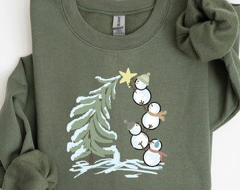 おもしろ雪だるまクリスマスツリースウェットシャツ | レトロな雪の 