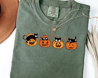 Comfort Colors® Pumpkin Cute Black Cat  Shirt, Halloween Cat Tshirt, Spooky Season Cat Tee, Halloween Cute Women Outfit, Halloween Gift