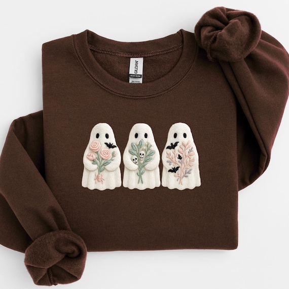 Halloween Ghost Sweatshirt, Faux Embroidery Halloween Ghost Shirt, Spooky Season Sweater, Halloween Cute Women Outfit, Halloween Gift