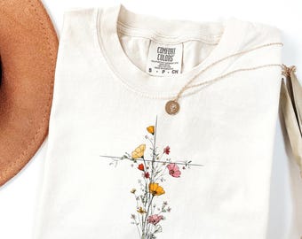 Koszulka Comfort Colors® z kwiatowym krzyżem, Koszulka z krzyżem, Koszulka z dzikimi kwiatami, Werset biblijny, Koszulka z Jezusem, Koszulka z wiarą dla kobiet, Uroczy chrześcijański T-shirt