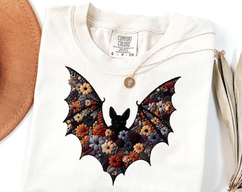 Comfort Colors® fladdermusskjorta, Halloween-skjorta med fladdermusmotiv och fuskbroderi, läskig säsongströja, söt Halloween-outfit för kvinnor, Halloween-present