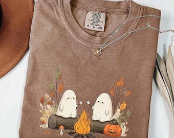 Comfort Colors® Cute Ghosts Camping Shirt, Spooky Season Outdoors Gifts, Halloween Retro Tshirt, Ghost Shirt, Camping Shirt