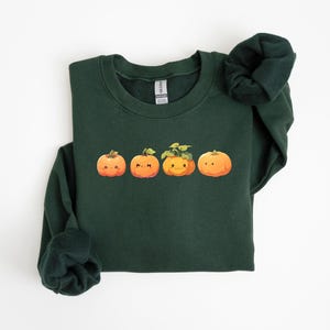 Puede incluir: Sudadera verde oscuro con cuatro calabazas de dibujos animados. Las calabazas son naranjas con hojas y tallos verdes. La sudadera tiene cuello redondo y mangas largas, ideal para el oto&ntilde;o.