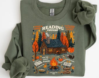 Cozy Cabin Reading Retreat Sweatshirt, herfst schoolse sweater, herfst gezellige lezers hoodie, cadeau voor boekenliefhebber, Pumpkin Spice Book-trui