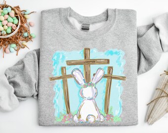 Sweatshirt konijn kruis, christelijke kleding, sweater paashaas, paasshirt, christelijk shirt Pasen, bijbelvers, christelijk shirt Pasen