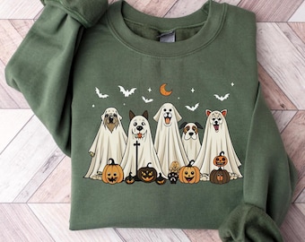 Halloween-tröja med hundspöken, Halloween-tröja med spöken, hundtröja för den kusliga säsongen, söt Halloween-outfit för kvinnor, Halloween-present