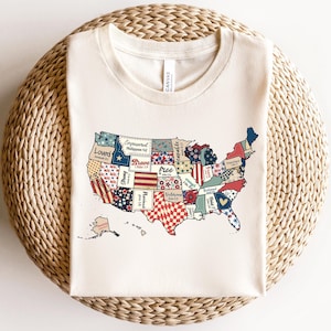 Kaart van de VS 4 juli shirt, patchwork shirt Amerika kaart, Independence Day T-shirt, retro shirt Amerika patriottische, shirt 4 juli, shirt VS