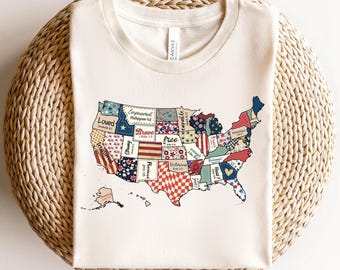 USA Map 4th of July Shirt, Patchwork America Map Shirt, Independence Day T Shirt, Retro America Patriotic Shirt, 4th of July Shirt, USA Tee