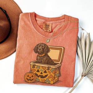 May include: Coral-colored t-shirt featuring a dog illustration inside a cooler with a jack-o'-lantern design. The dog has a brown collar. A brown hat and a gold necklace are also visible.