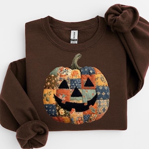 Sudadera de Halloween con diseño de calabaza y patchwork retro, camiseta de calabaza, suéter de temporada espeluznante, bonito atuendo de Halloween para mujer, regalo de Halloween