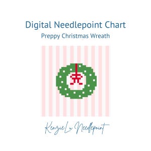 May include: Digital needlepoint chart for a preppy Christmas wreath with a red bow. The wreath is green with white dots and is on a pink and white striped background. The text "Kenzie Lu Needlepoint" is at the bottom of the chart.