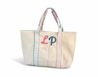 Bolso de lona personalizado con ribete de zigzag multicolor – Bolso bordado a medida