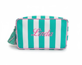 Neceser de maquillaje personalizado con borla y diseño de rayas de cabaña, neceser con monograma y neceser de viaje.