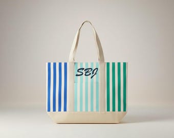 Bolso tote a rayas con monograma bordado / Bolso de playa personalizado