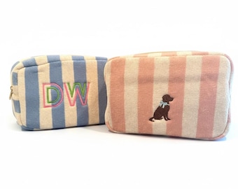 Estuche para cosméticos de felpa a rayas con bordado personalizado / Bolsa de maquillaje personalizada
