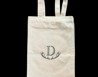 Bolsa de vino de lona personalizada: asta de ciervo bordada, regalo con iniciales