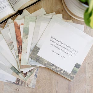 May include: A set of cards with a watercolor background and a quote from Isaiah 26:3: "You keep him in perfect peace whose mind is stayed on you because he trusts in you."