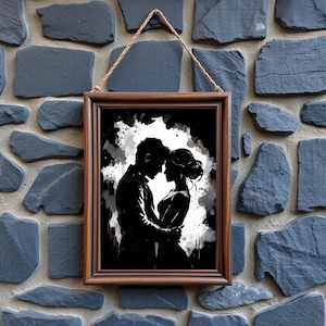 Shadows Embrace, Romantic Couple Embracing- Digital Art Print Wall Decor