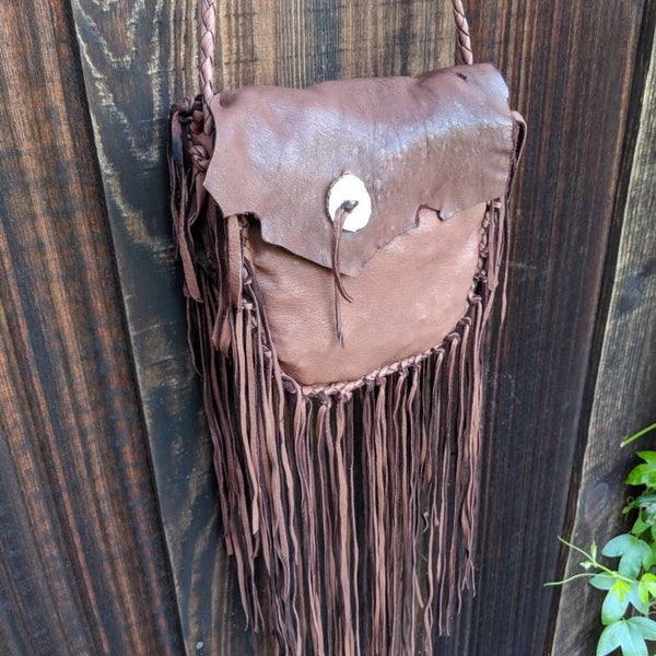 Sac à pharmacie en peau de daim - Sac en cuir amérindien, sac à main en peau de daim, sac à main en cuir à franges, sac en cuir marron, sac à bandoulière, 20 x 20 cm