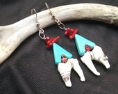 Spirit Medicine Earrings - Animal Totem Jewelry, Teeth Earrings, Native American Earrings, Howlite and Red Coral Jewelry, Bone Jewelry