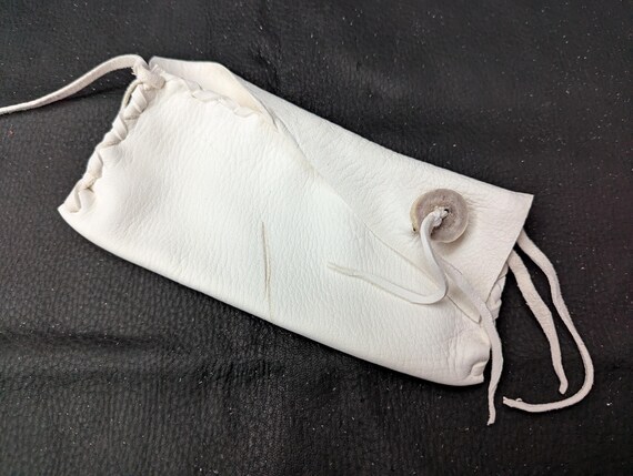 white tobacco pouch Handmade White Deerskin Tobacco Pouch – Deer Antler Button
