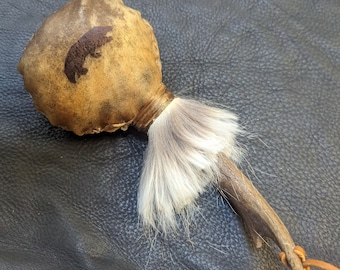 Rawhide Rattle - Badger Spirit Medicine -- Native American Rattle, Buffaloskin Rawhide Rattle, Deer Antler Rattle, Ceremonial Rattle, Totem