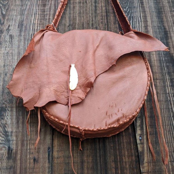 Buckskin Drum Bag - Deerskin Drum Bag, Leather Tote, Native American Bag, Native Hand Drum, Rawhide Drum Bag, Leather Purse, 16x16" bag