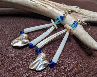 Dentalium & Abalone Native Earrings -  Native American Earrings, Sea Shell Earrings, Colored Glass Earrings, Native Jewelry, Tribal Earrings