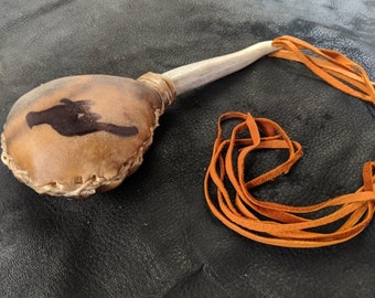 Rawhide Rattle - Cougar Spirit Medicine, Native American Rattle, Buffaloskin Rawhide Rattle, Deer Antler Rattle, Ceremonial Rattle, Rattle