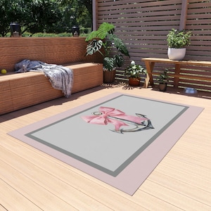 Anchor and Pink Bow Coastal Rug: Nautical Beach House Decor