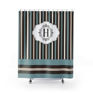 Cortina de ducha con monograma a rayas, decoración de baño personalizada, cortina de ducha con inicial, regalo con nombre personalizado, elegante detalle para el hogar, arte con la letra H