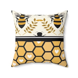 Honey Bee Pillow, Honeycomb Heart Pillow, Decorative Throw Pillow, Bee Lover Gift, Cute Farmhouse Decor, Elegant Accent Pillow