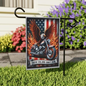 American Eagle Motorcycle Outdoor Flag, Patriotic Biker Garden Flag, USA Pride Decor, These Colors Dont Run Flag, Motorbike Art