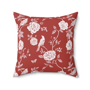 Floral Bird Pillow, Red Botanical Throw Pillow, Cottagecore Accent Decor, Bird and Rose Cushion, Home Decor Pillow, Sizes 14 20 inch