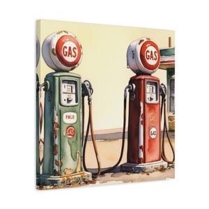 Vintage Gas Pumps Canvas, Retro Garage Decor, Man Cave Art, Old Fuel Station Print, Watercolor Canvas Art, Automotive Wall Decor