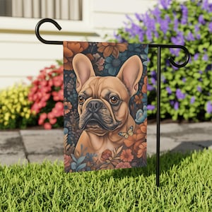 Blumen Französische Bulldogge Gartenfahne: Bunter Schmetterling Yard Art